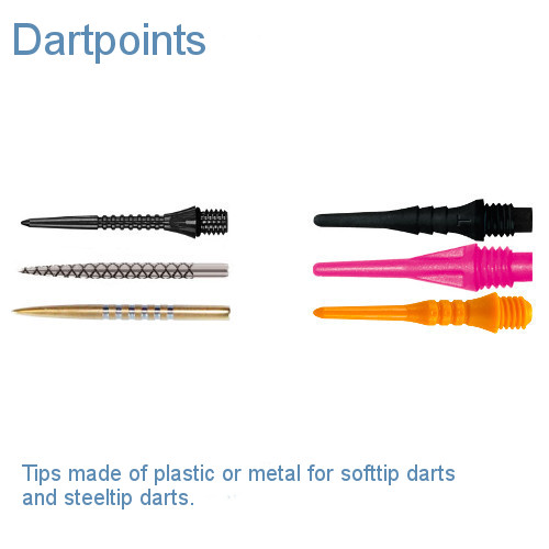 Plastic and metal tips for soft darts and steel darts.